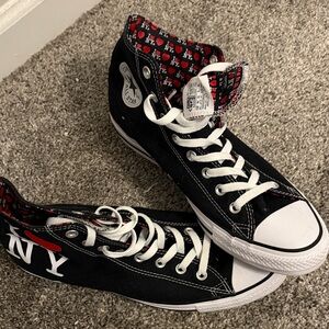 Converse Black High Top Chuck Taylor Sneakers with Red ❤️ NY Liner